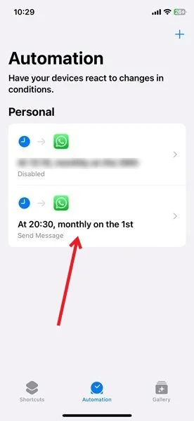 Tự động hóa tin nhắn WhatsApp theo lịch trình mới hiển thị trong ứng dụng Shortcuts trên iPhone.
