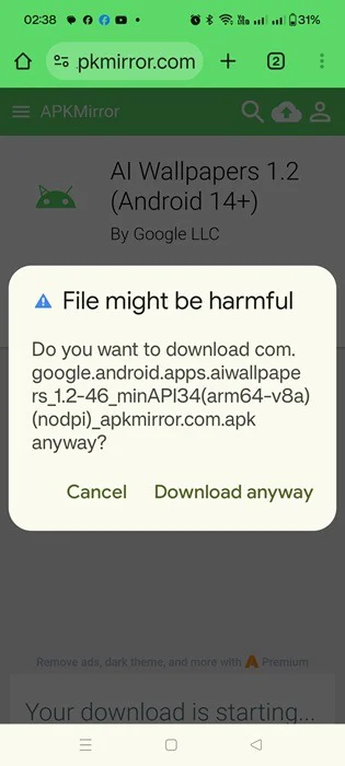 Gửi cảnh báo có hại trên trang web APK Mirror