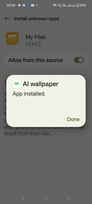 Cảnh báo cài đặt ứng dụng cho hình nền AI trên Android 14.
