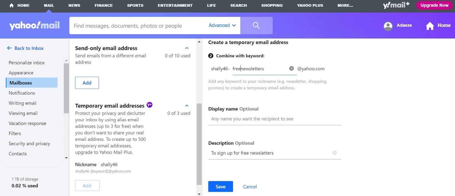 Phần kết hợp với từ khóa trong địa chỉ email tạm thời trên Yahoo Mail
