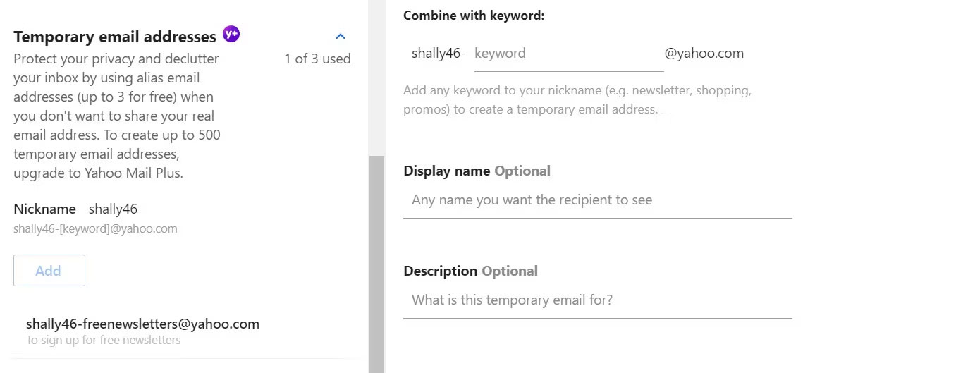 Tab Temporary email addresses trong Yahoo Mail