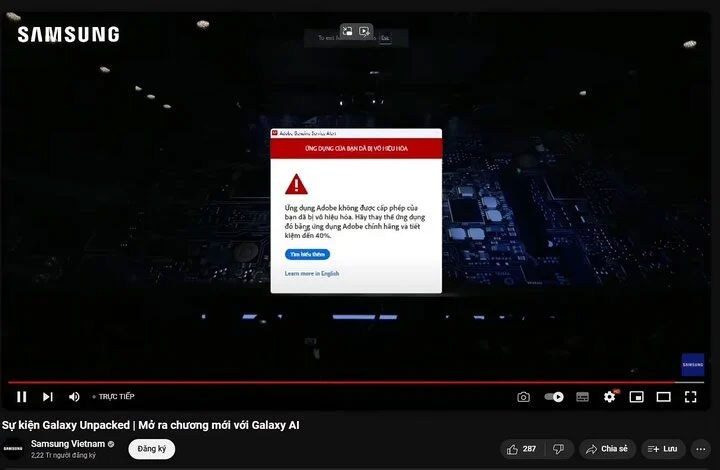 Cảnh báo phát hiện phần mềm lậu cài trên máy tính dùng để phát livestream tại Việt Nam tại sự kiện 'Mở ra chương mới với Galaxy AI' của Samsung.