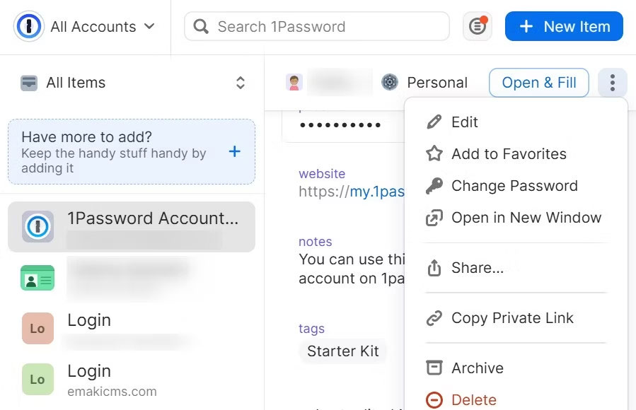 Giao diện lộn xộn của 1Password.