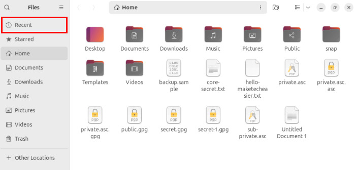 Vị trí của danh mục 'Recent' bên trong trình quản lý file Nautilus.