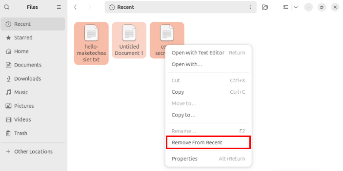 Mục 'Remove from Recent' trong trình quản lý file Nautilus.