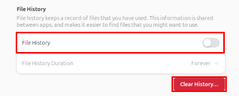 Nút chuyển đổi 'File History' và nút 'Clear History'.