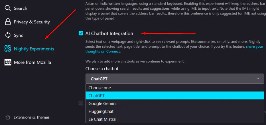 Kích hoạt chatbot AI trên Firefox