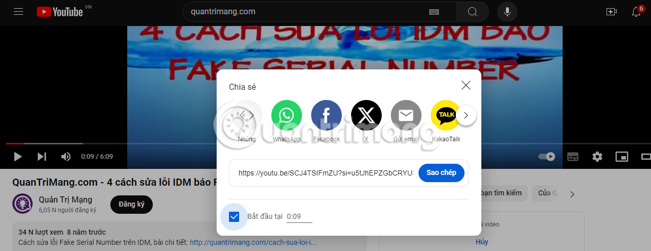 Chia sẻ URL với timestamp từ video YouTube