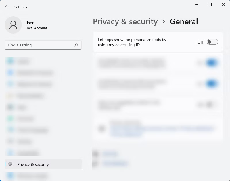 Tắt tùy chọn Let apps show me personalized ads by using my advertising ID