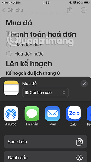 Tùy chọn gửi bản sao ghi chú iPhone