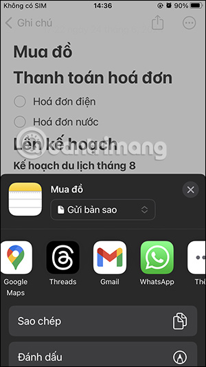 Chọn ứng dụng gửi bản sao ghi chú iPhone