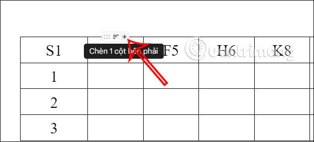 Chèn cột mới trong bảng Google Docs