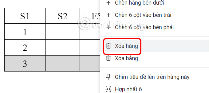 Xóa hàng trong bảng Google Docs