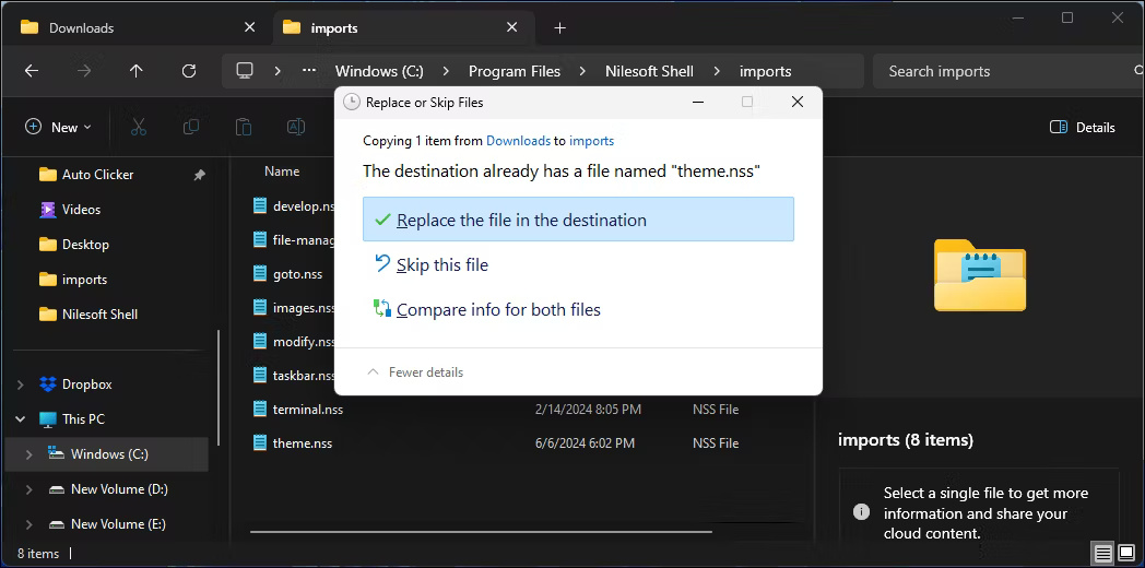 Hộp thoại xác nhận thay thế hoặc bỏ qua file trong Windows 11