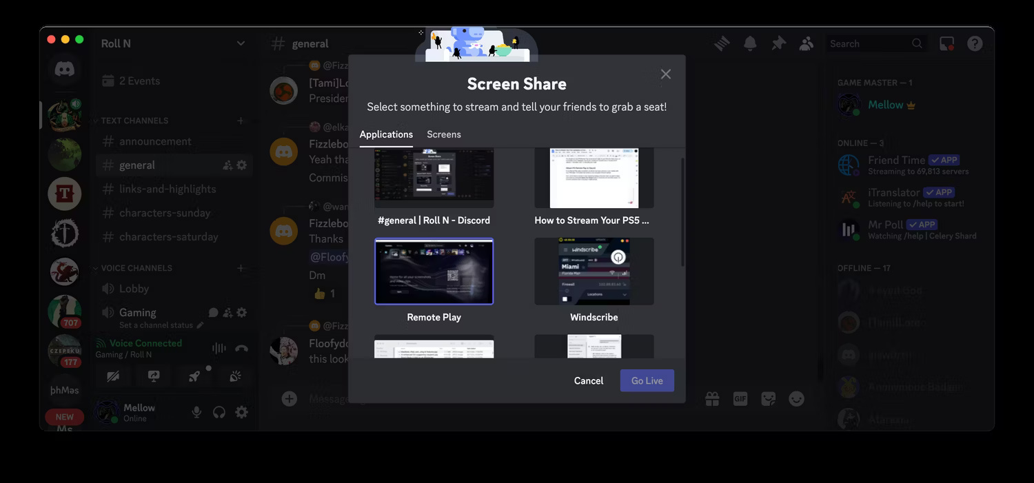 Chọn cửa sổ Remote Play từ menu Screen Share trên Discord