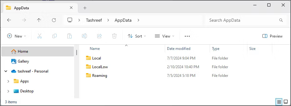 Windows 11 File Explorer hiển thị các mục con của thư mục AppData