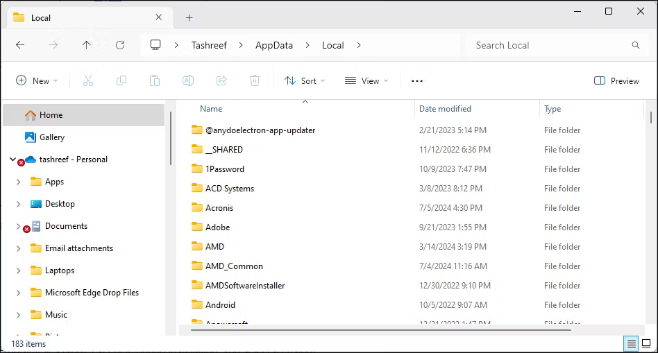 Windows 11 File Explorer hiển thị nội dung của thư mục AppData