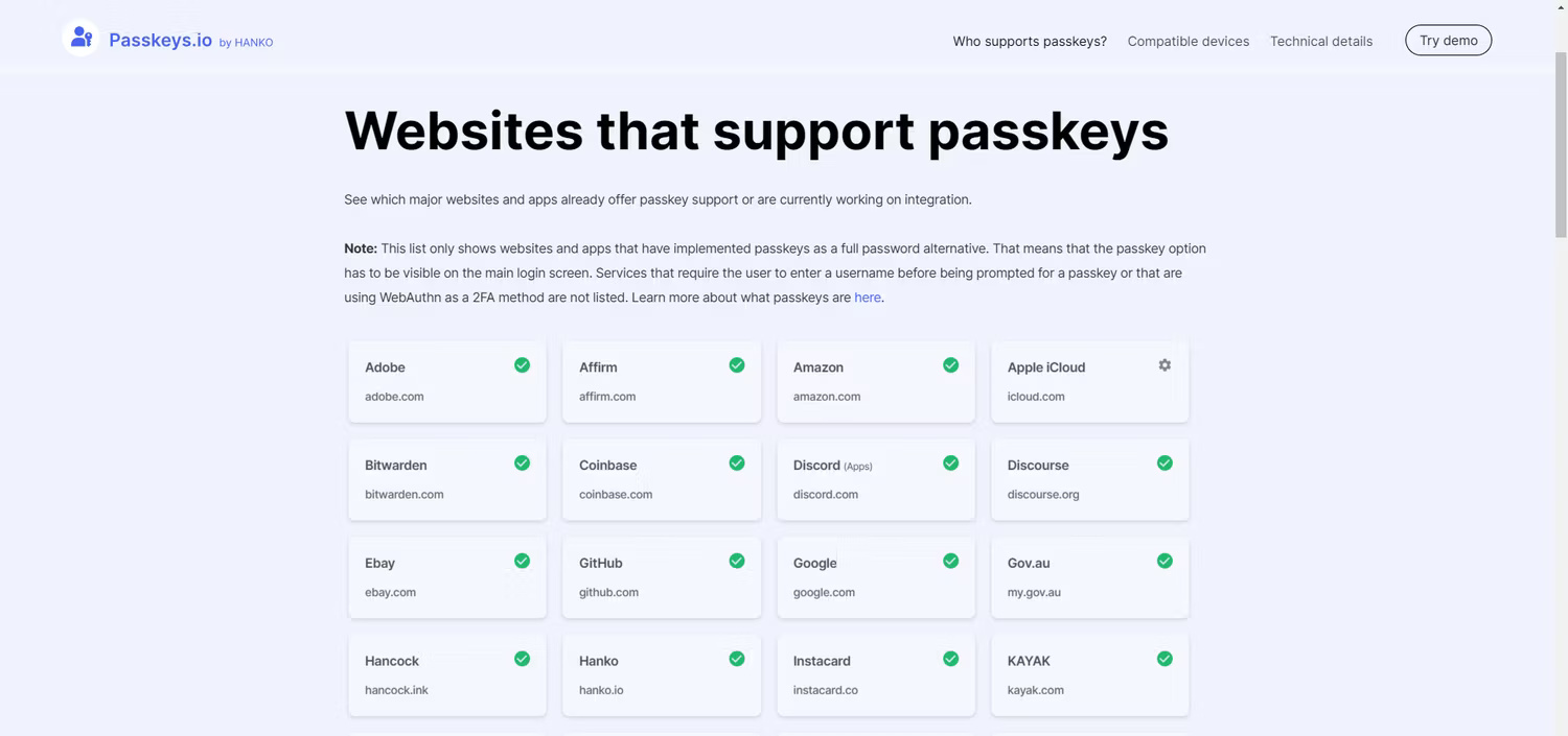 Ví dụ các trang web hỗ trợ passkey