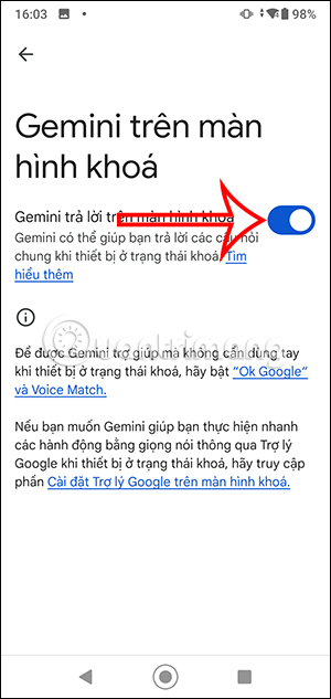 Bật Gemini dùng màn hình khóa điện thoại