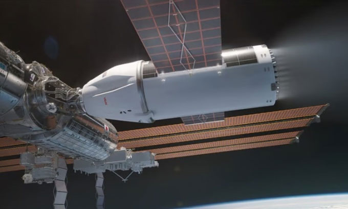 Mô phỏng phương tiện tàu hạ quỹ đạo (USDV) ghép nối với trạm ISS. Ảnh: SpaceX