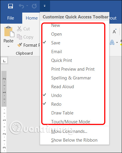 Lệnh sẵn có trên Quick Access Toolbar Word