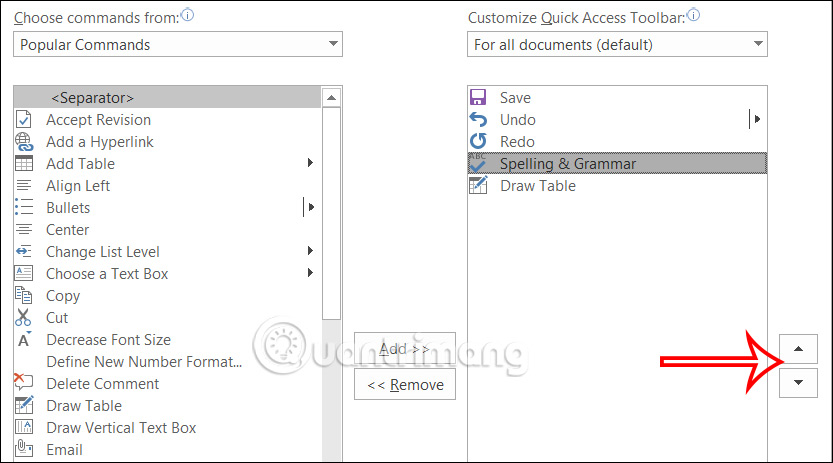 Chỉnh vị trí công cụ tại Quick Access Toolbar Word