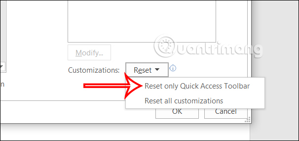 Reset thanh Quick Access Toolbar Word