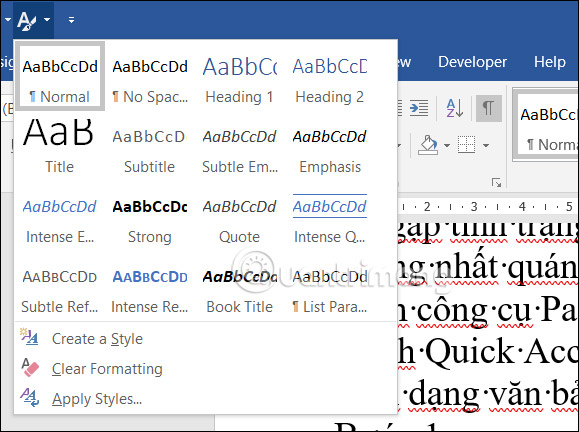 Thêm Text Style trong Quick Access Toolbar