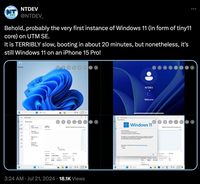 Cài đặt thành công Windows 11 phiên bản Tiny11 Core lên iPhone 15 Pro