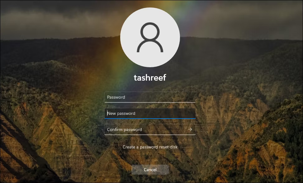 Màn hình reset mật khẩu Windows 11 trong khi đăng nhập
