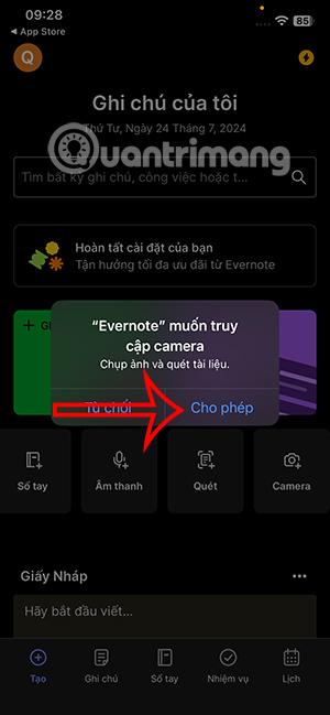 Evernote truy cập máy ảnh