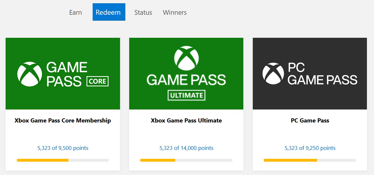 Xem lựa chọn phần thưởng Game Pass trong cửa hàng phần thưởng của Microsoft