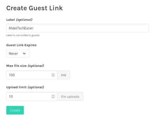 Biểu mẫu Create guest link đã hoàn thành.