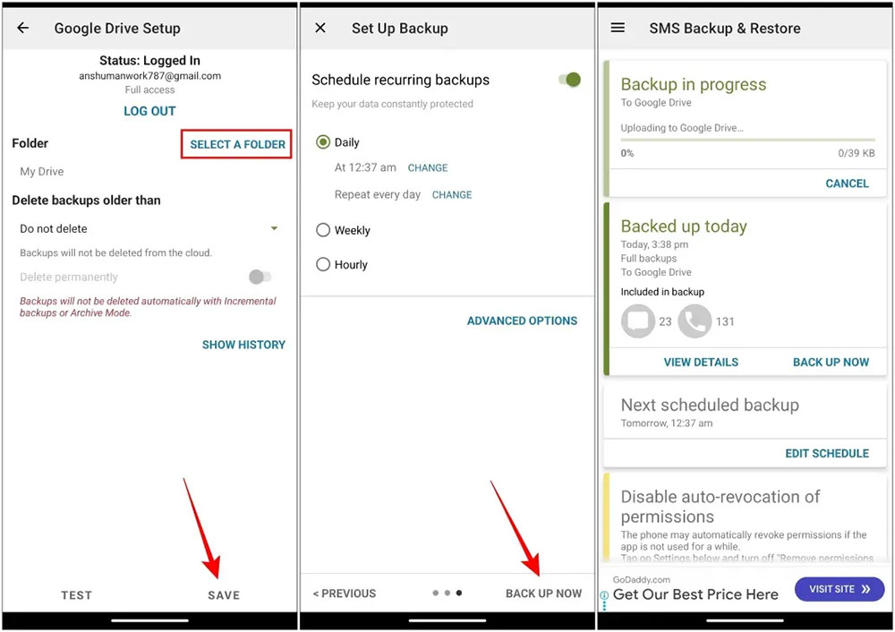 SMS Backup & Restore lên lịch sao lưu tin nhắn Google