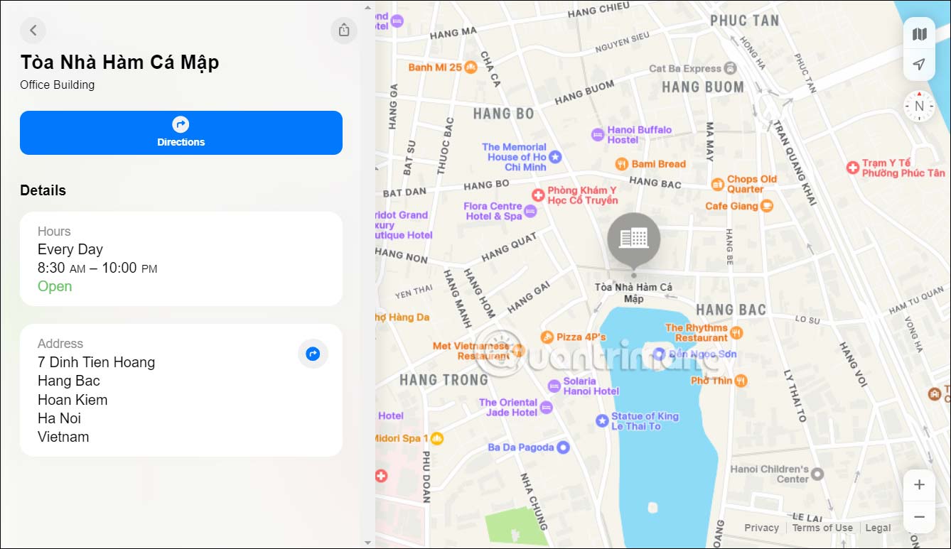 Thông tin địa điểm trên Apple Maps web