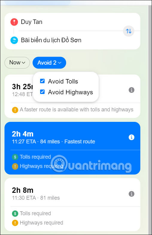 Tránh đường cao tốc di chuyển trên Apple Maps web