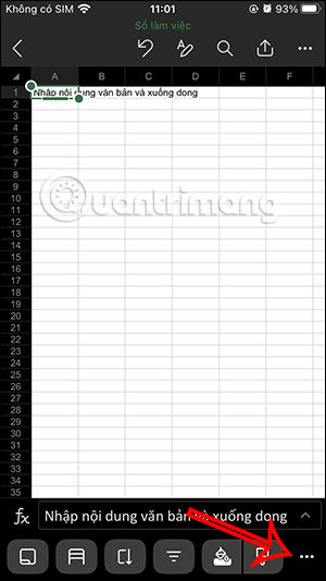 Công cụ trên Excel điện thoại