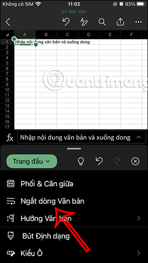 Xuống dòng trong 1 ô Excel điện thoại