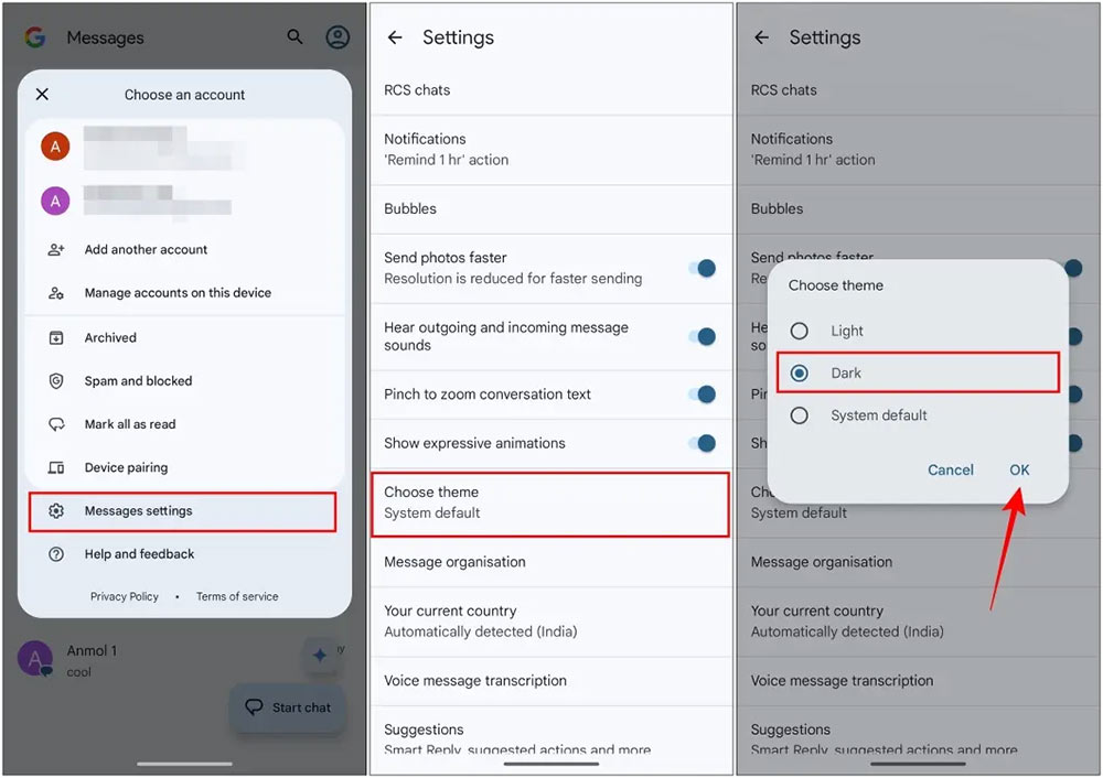 Bật nền đen trong ứng dụng Google Messages