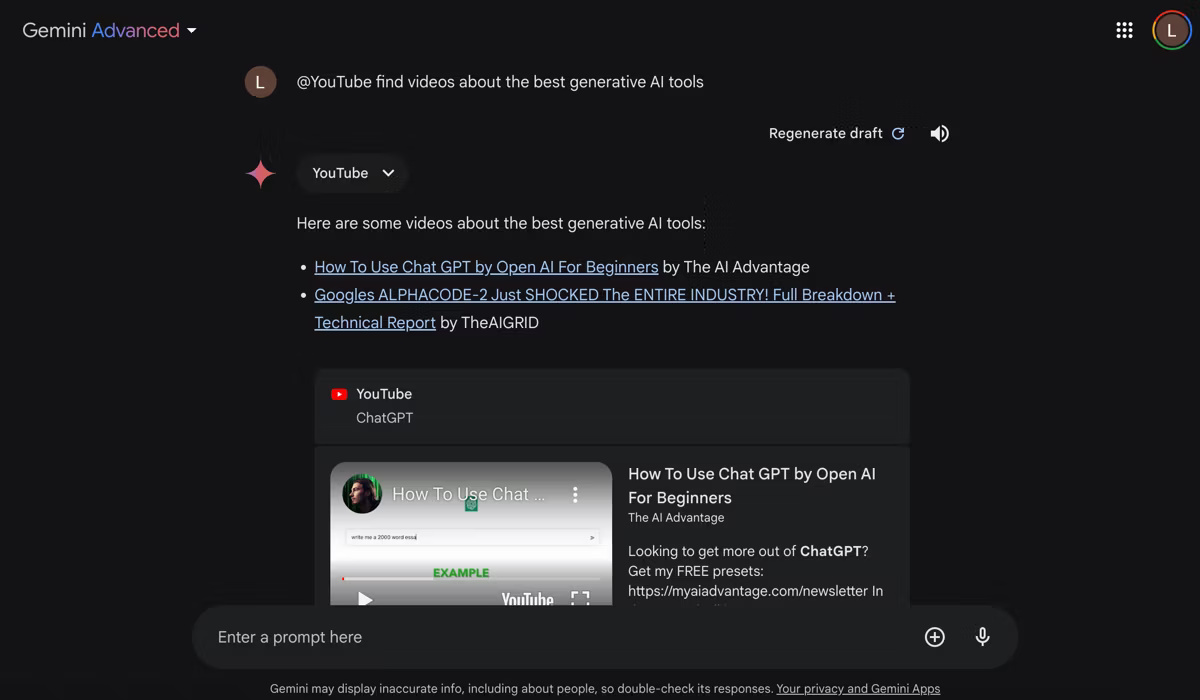 Truy cập YouTube ở Gemini bằng extension YouTube