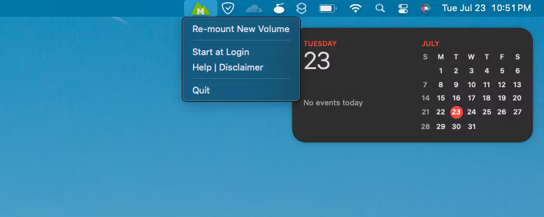 Thanh menu macOS có tùy chọn mount lại ổ NTFS qua Mounty