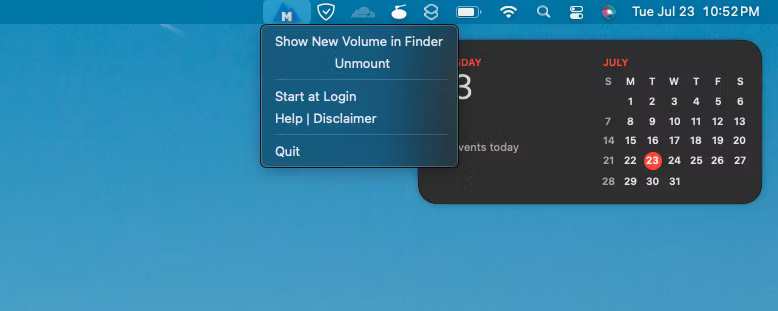 Thanh menu macOS có tùy chọn hủy mount ổ NTFS qua Mounty