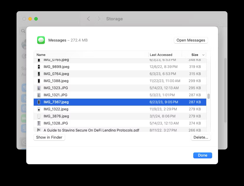 Cửa sổ quản lý file đính kèm Messages trong Settings macOS