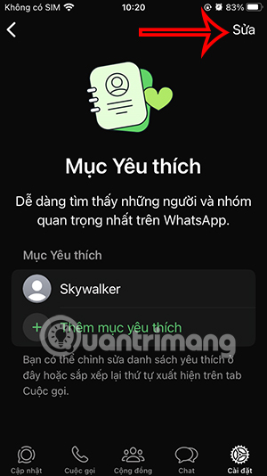 Sửa danh sách yêu thích WhatsApp