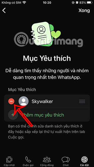 Xóa liên hệ yêu thích WhatsApp