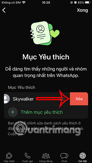 Xóa mục yêu thích WhatsApp