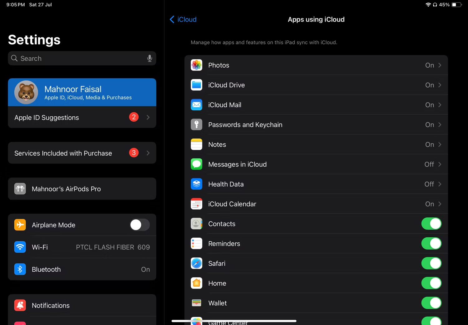Ứng dụng Settings trong iPadOS hiển thị phần Apps Using iCloud