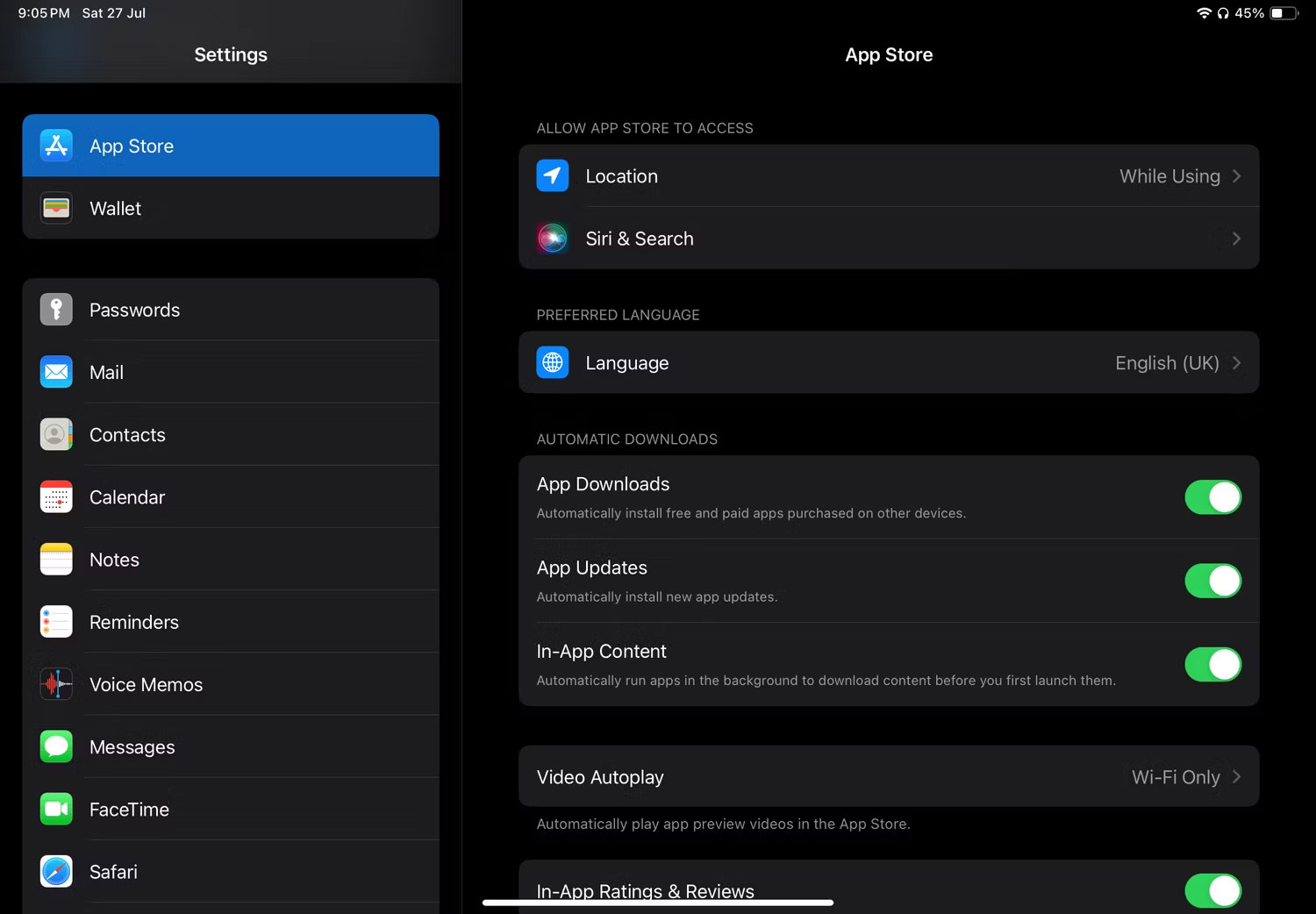 Ứng dụng Settings trong iPadOS hiển thị phần App Store