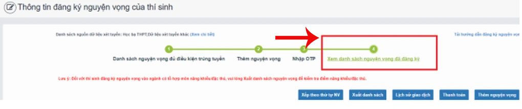 Nhấn vào Xem danh sách nguyện vọng đã đăng ký