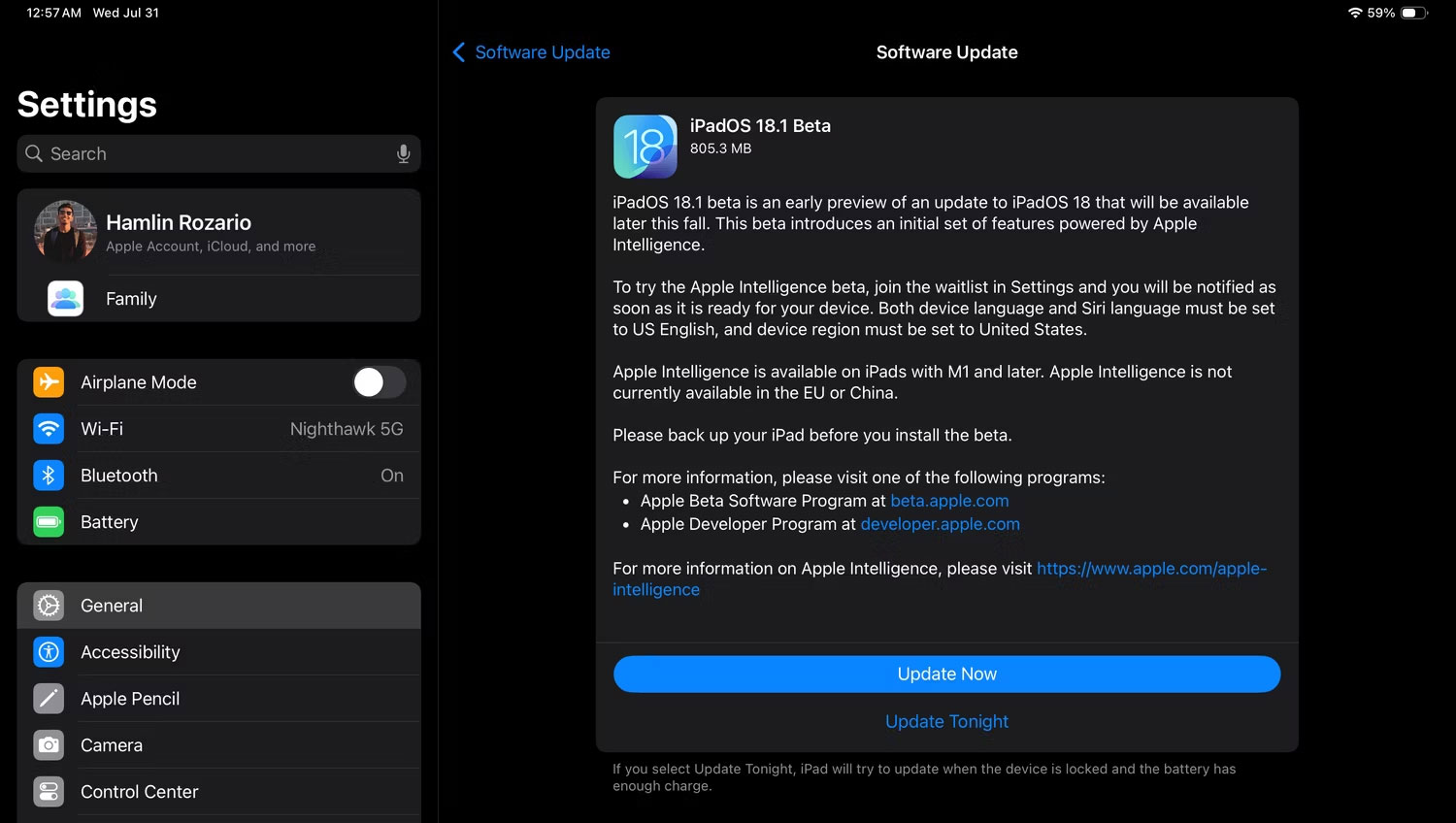 Bản beta iPadOS 18.1 xuất hiện trên menu Software Update trong iPadOS